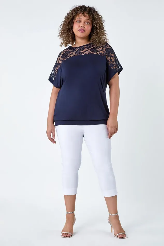 Navy Curve Lace Yoke Stretch Bubble Hem Top Women Roman Tops