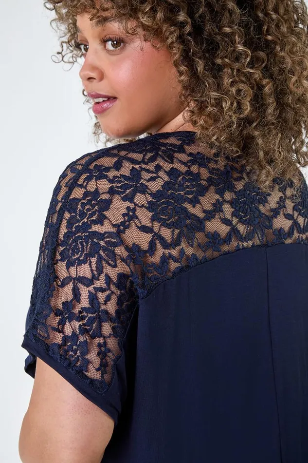 Navy Curve Lace Yoke Stretch Bubble Hem Top Women Roman Tops