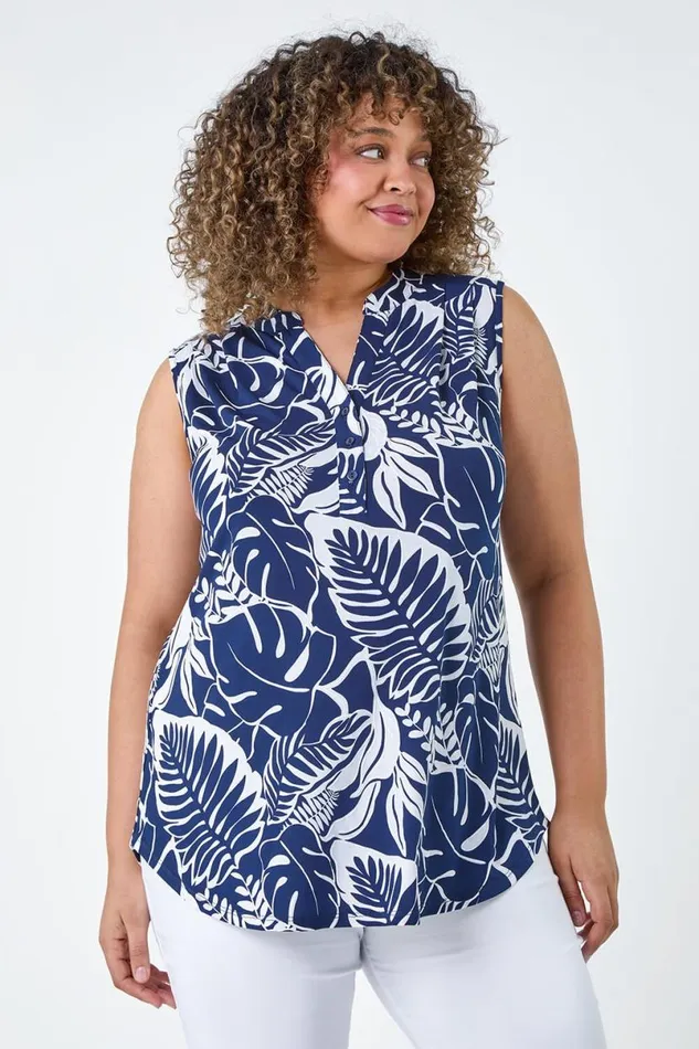 Navy Curve Leaf Print VNeck Stretch Top Women Roman Tops