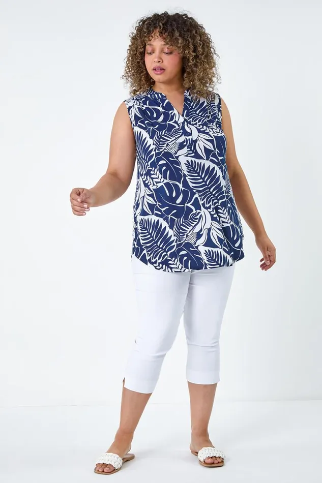 Navy Curve Leaf Print VNeck Stretch Top Women Roman Tops