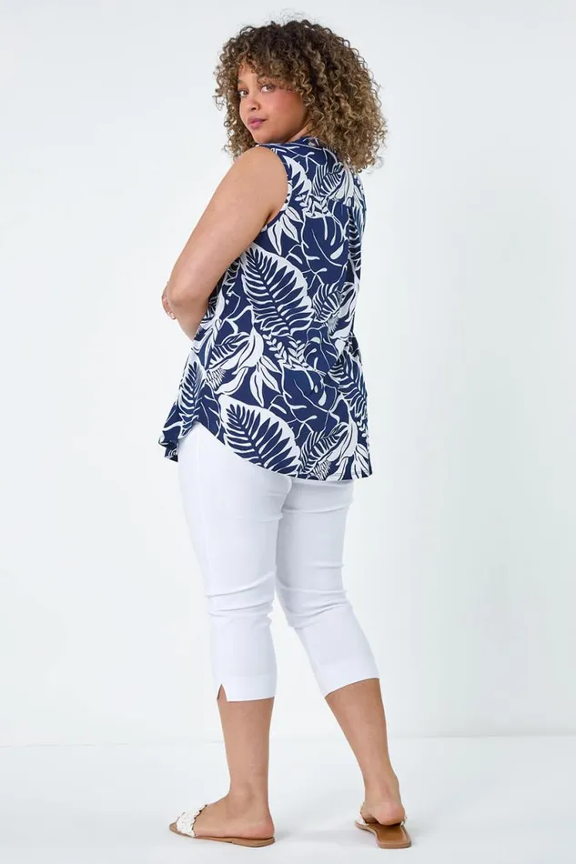 Navy Curve Leaf Print VNeck Stretch Top Women Roman Tops