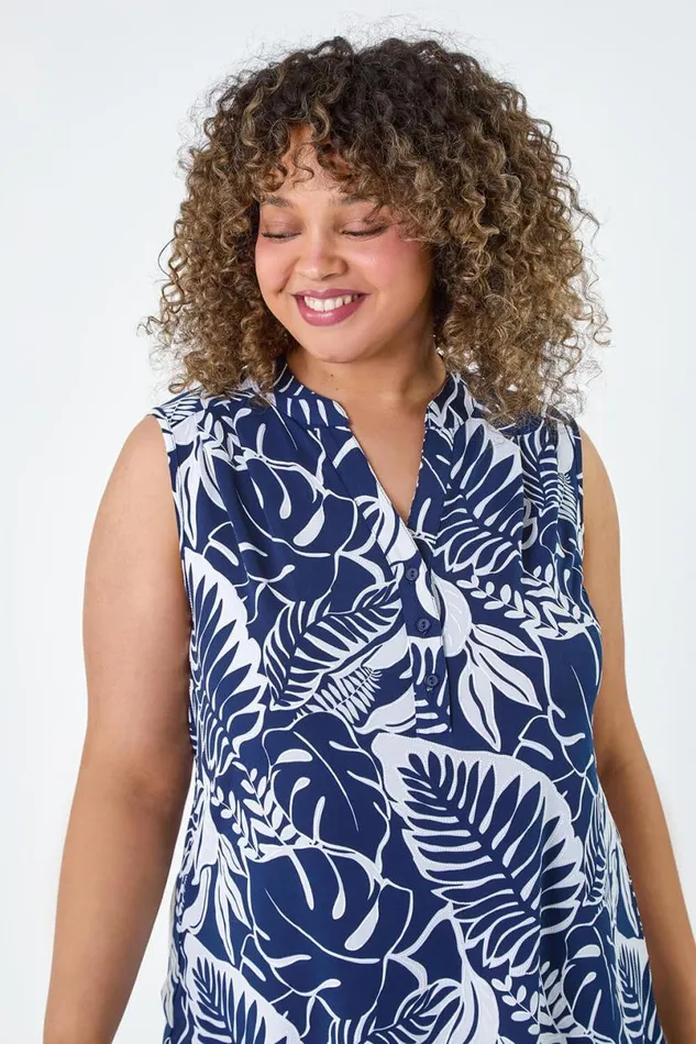 Navy Curve Leaf Print VNeck Stretch Top Women Roman Tops
