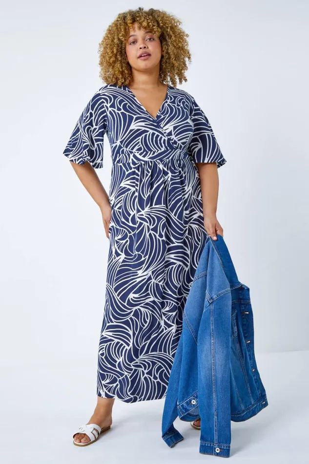 Navy Curve Linear Print Midi Wrap Dress Women Roman Dresses
