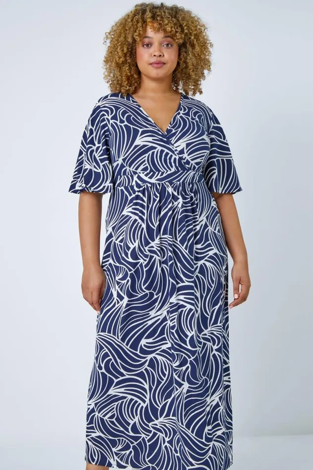 Navy Curve Linear Print Midi Wrap Dress Women Roman Dresses