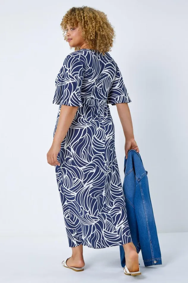 Navy Curve Linear Print Midi Wrap Dress Women Roman Dresses