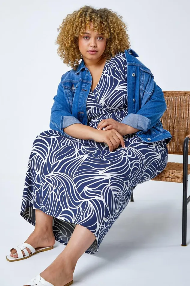 Navy Curve Linear Print Midi Wrap Dress Women Roman Dresses