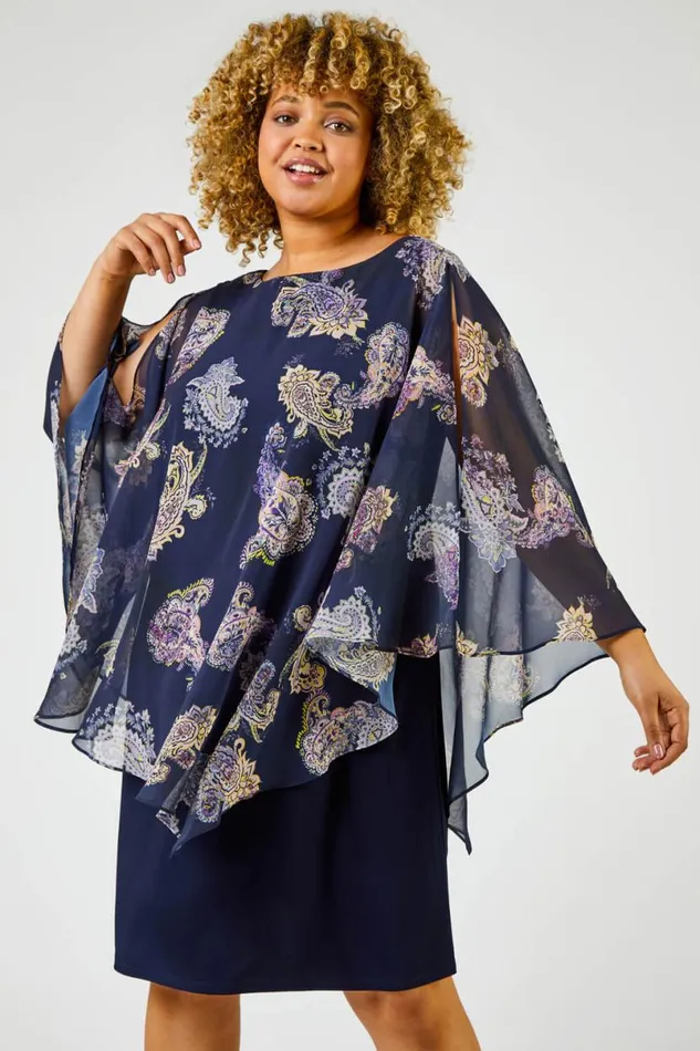 Navy Curve Paisley Print Chiffon Overlay Dress Women Roman Dresses
