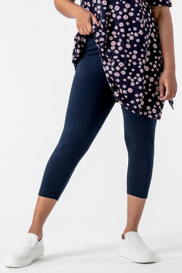 Navy Curve Plain Elastic Waist Cropped Leggings Women Roman Trousers