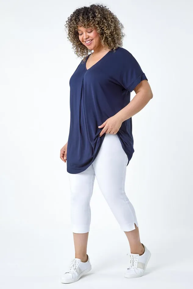 Navy Curve Plain Pleat Front VNeck Stretch Top Women Roman Tops