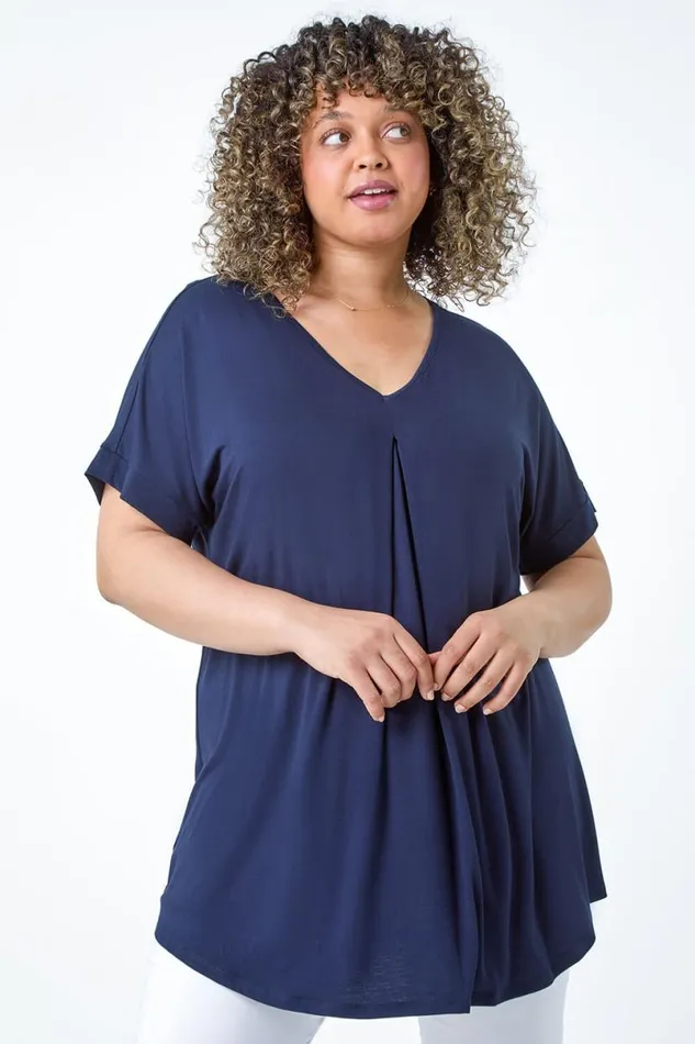 Navy Curve Plain Pleat Front VNeck Stretch Top Women Roman Tops