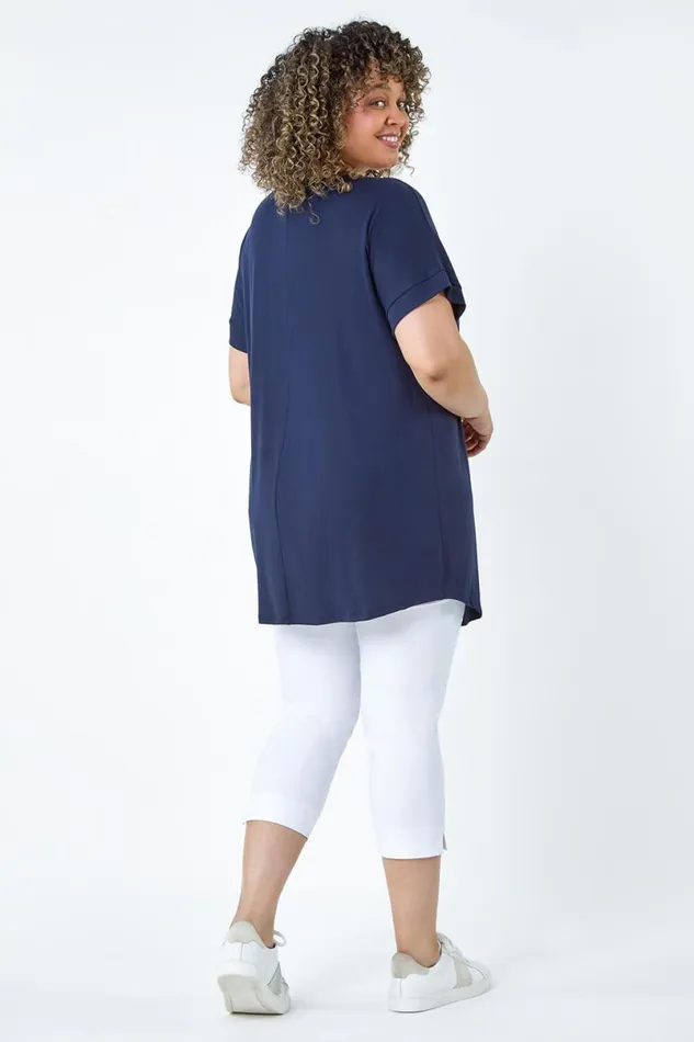 Navy Curve Plain Pleat Front VNeck Stretch Top Women Roman Tops