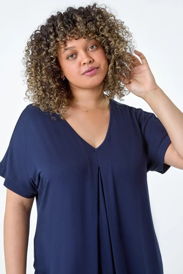 Navy Curve Plain Pleat Front VNeck Stretch Top Women Roman Tops