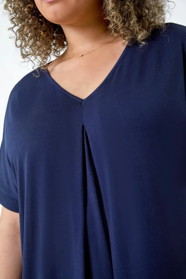 Navy Curve Plain Pleat Front VNeck Stretch Top Women Roman Tops