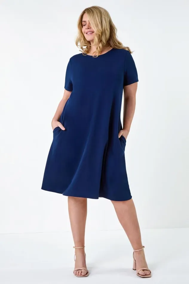 Navy Curve Plain Pocket Stretch Swing Dress Women Roman Dresses