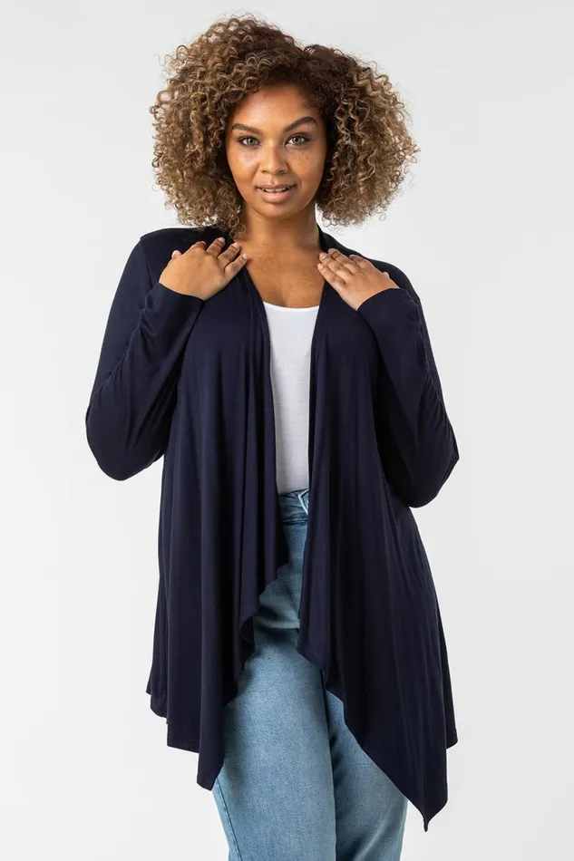 Navy Curve Waterfall Front Jersey Cardigan Women Roman Knitwear