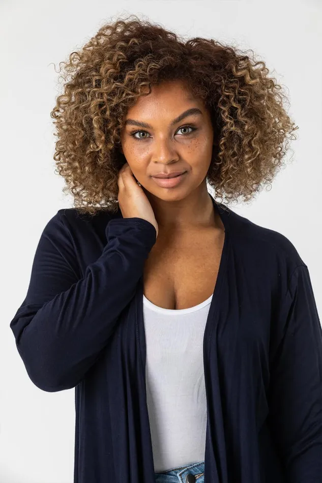 Navy Curve Waterfall Front Jersey Cardigan Women Roman Knitwear