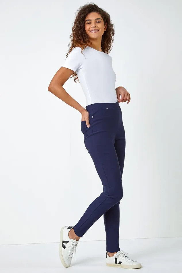 Navy Elastic Waist Stretch Jean Trouser Women Roman Trousers