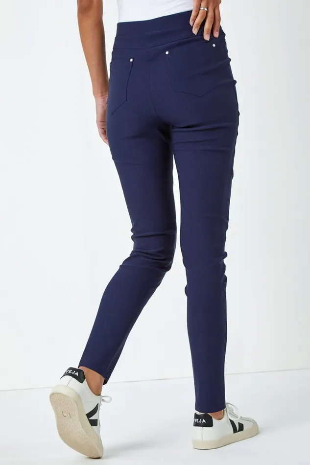 Navy Elastic Waist Stretch Jean Trouser Women Roman Trousers