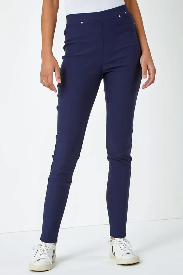 Navy Elastic Waist Stretch Jean Trouser Women Roman Trousers