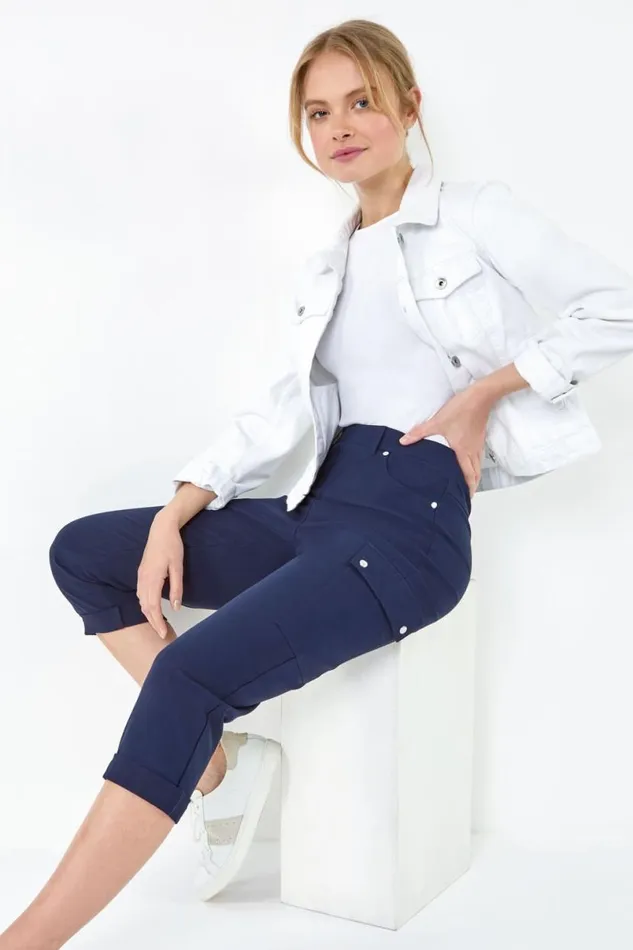 Navy Elastic Waist Turn Up Stretch Cargo Trousers Women Roman Trousers