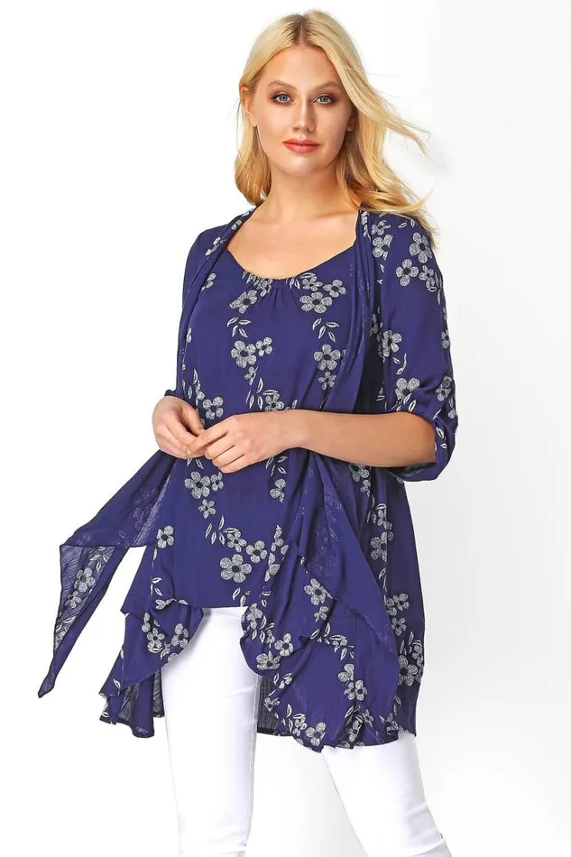 Navy Floral Print Crinkle Tunic Top Women Roman Tops