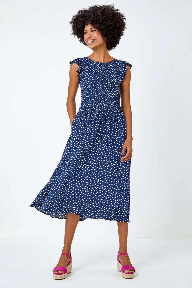 Navy Frill Sleeve Spot Shirred Midi Dress Women Roman Dresses