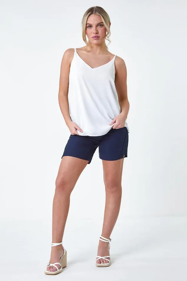 Navy Lace Trim Stretch Elastic Waist Shorts Women Roman Trousers