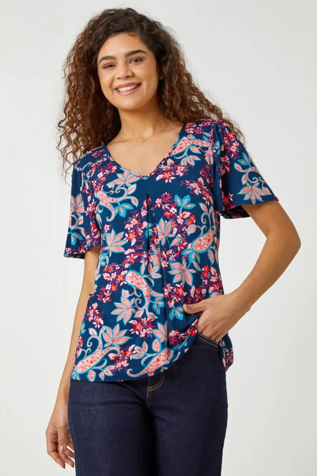 Navy Paisley Print VNeck Stretch TShirt Women Roman Tops