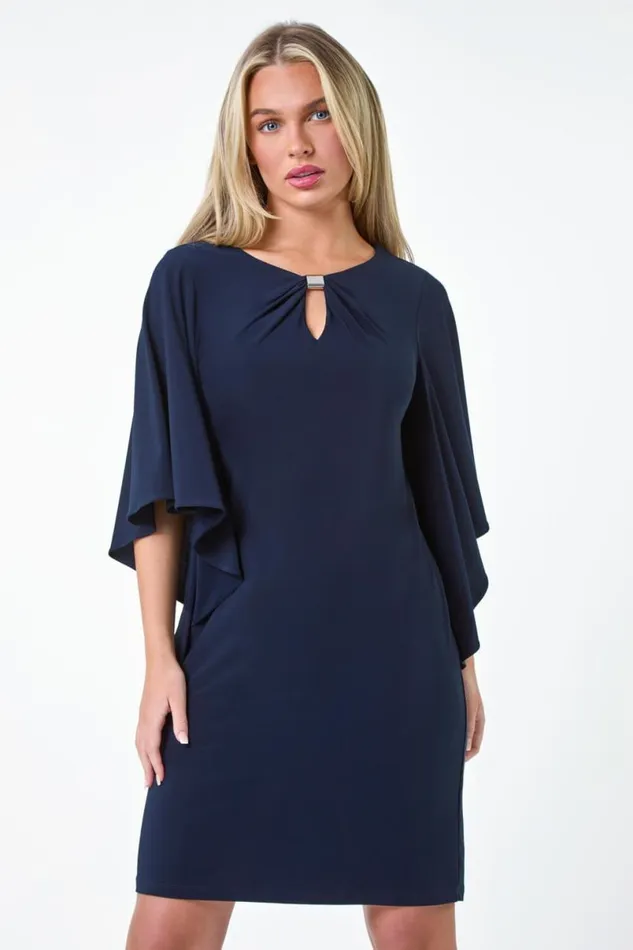 Navy Petite Asymmetric Sleeve Shift Dress Women Roman Dresses