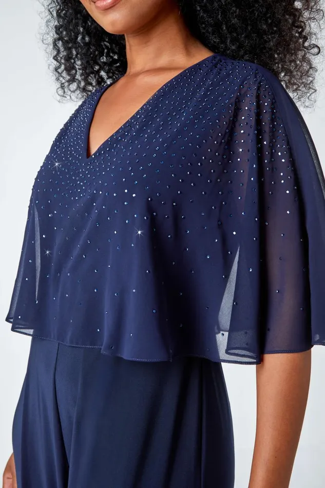 Navy Petite Embellished Overlay Stretch Jumpsuit Women Roman Jumpsuits and Playsuits