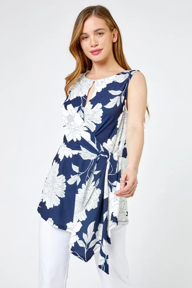 Navy Petite Floral Print Asymmetric Tunic Top Women Roman Tops