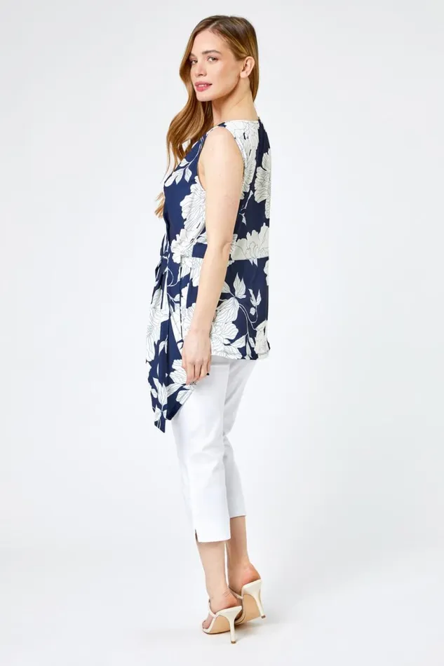 Navy Petite Floral Print Asymmetric Tunic Top Women Roman Tops