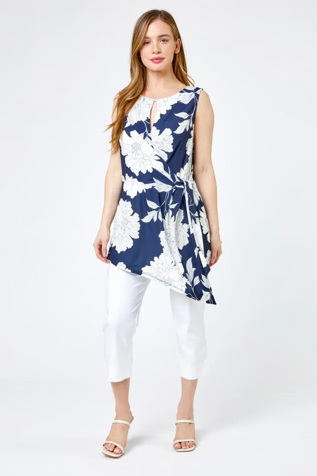 Navy Petite Floral Print Asymmetric Tunic Top Women Roman Tops
