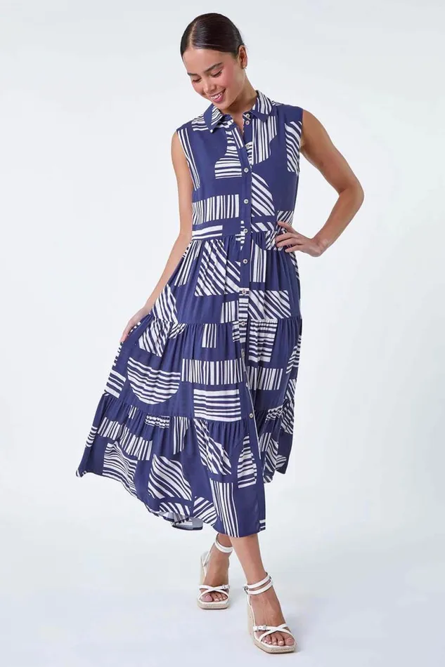 Navy Petite Geometric Midi Shirt Dress Women Roman Dresses