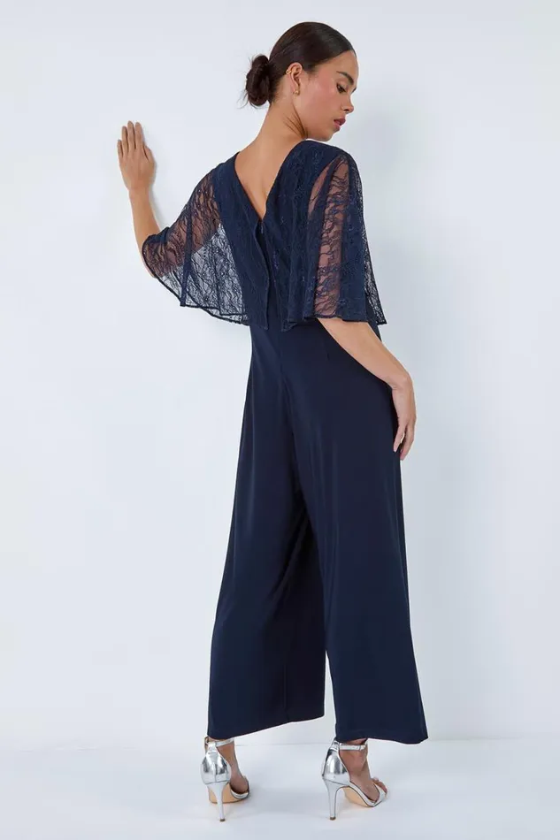 Navy Petite Lace Overlay Wide Leg Jumpsuit Women Roman Jumpsuits and Playsuits