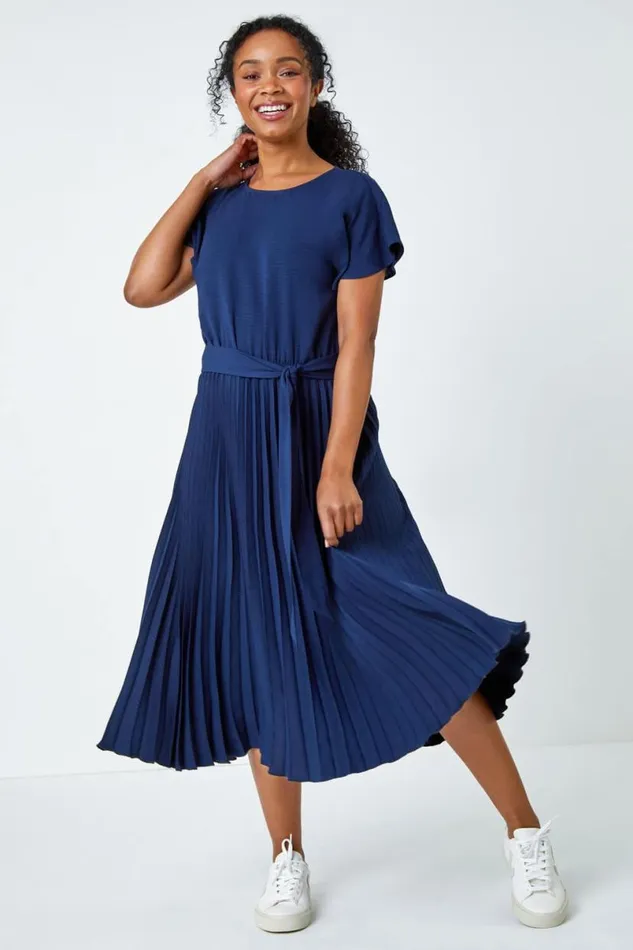 Navy Petite Plain Pleated Skirt Midi Dress Women Roman Dresses