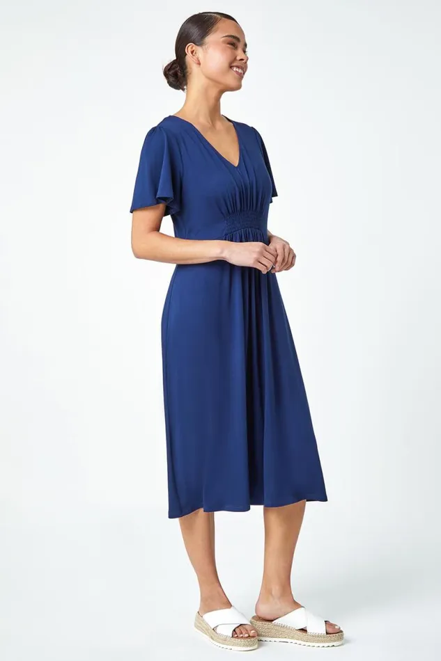 Navy Petite Pleated Midi Stretch Dress Women Roman Dresses
