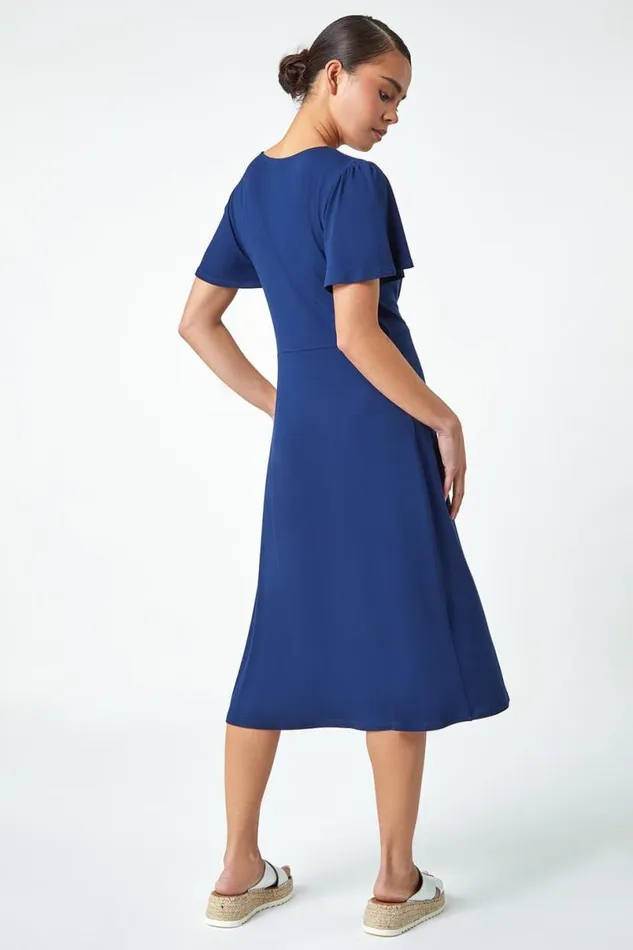 Navy Petite Pleated Midi Stretch Dress Women Roman Dresses