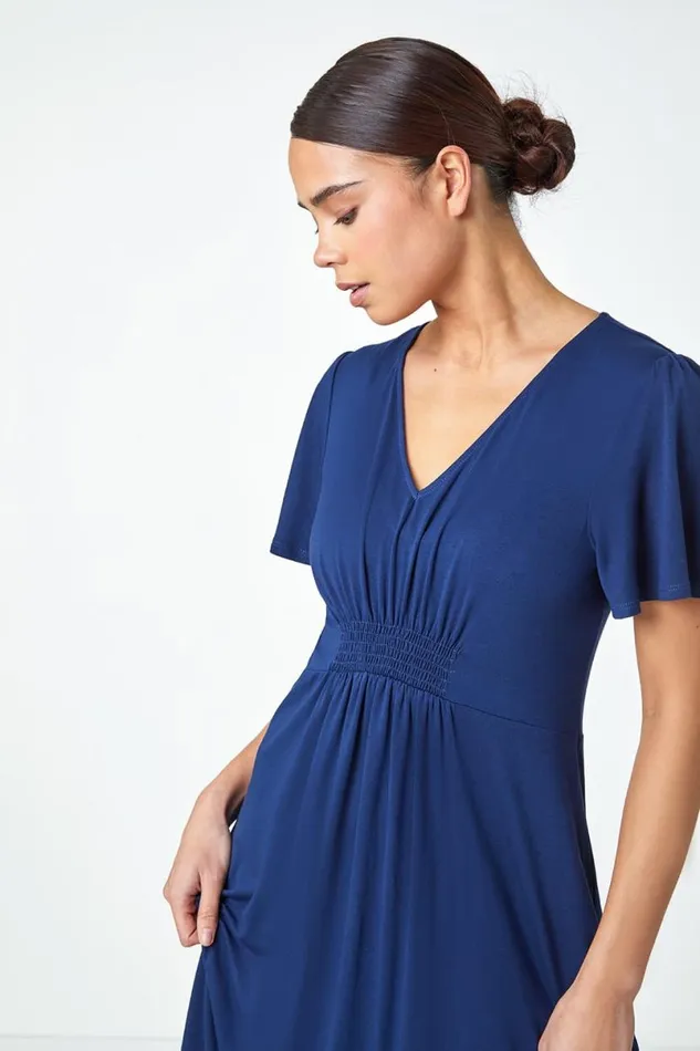 Navy Petite Pleated Midi Stretch Dress Women Roman Dresses
