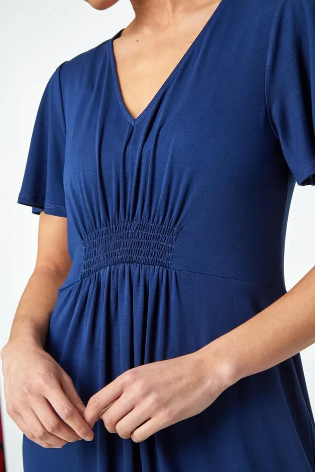 Navy Petite Pleated Midi Stretch Dress Women Roman Dresses