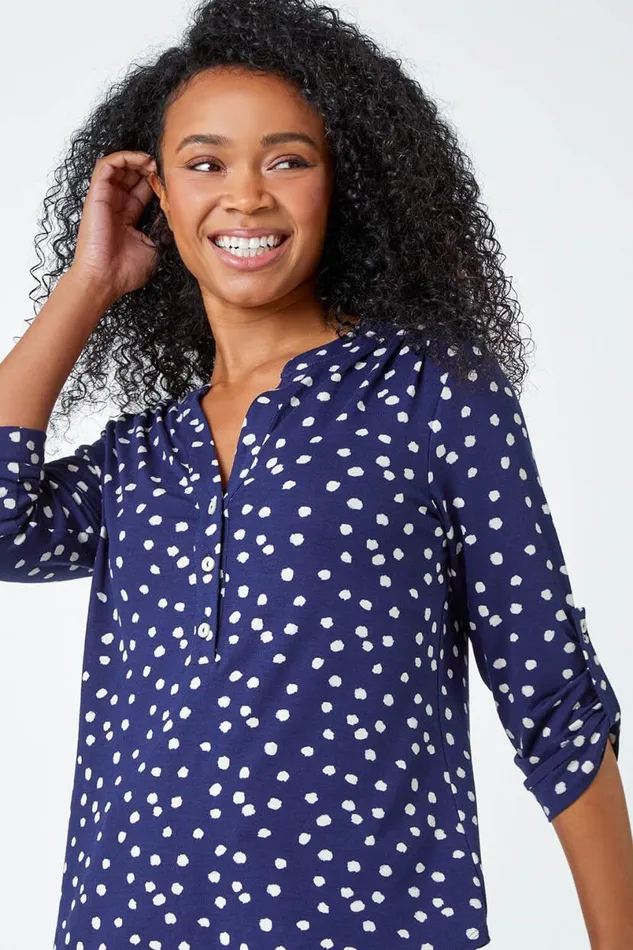 Navy Petite Polka Dot Stretch Button Detail Shirt Women Roman Tops