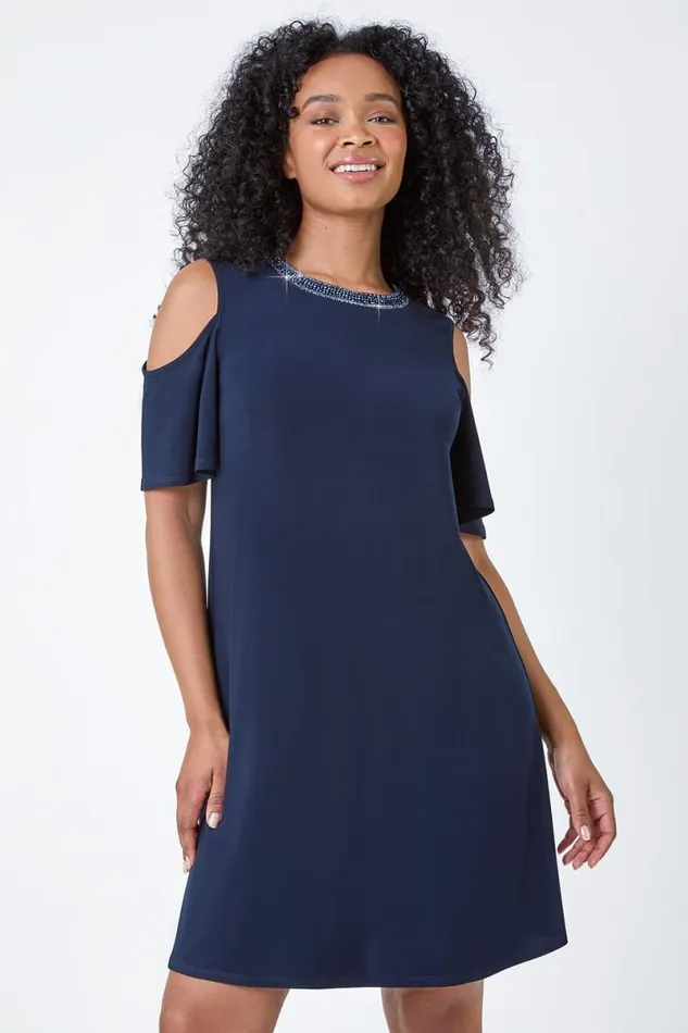 Navy Petite Sparkle Cold Shoulder Dress Women Roman Dresses