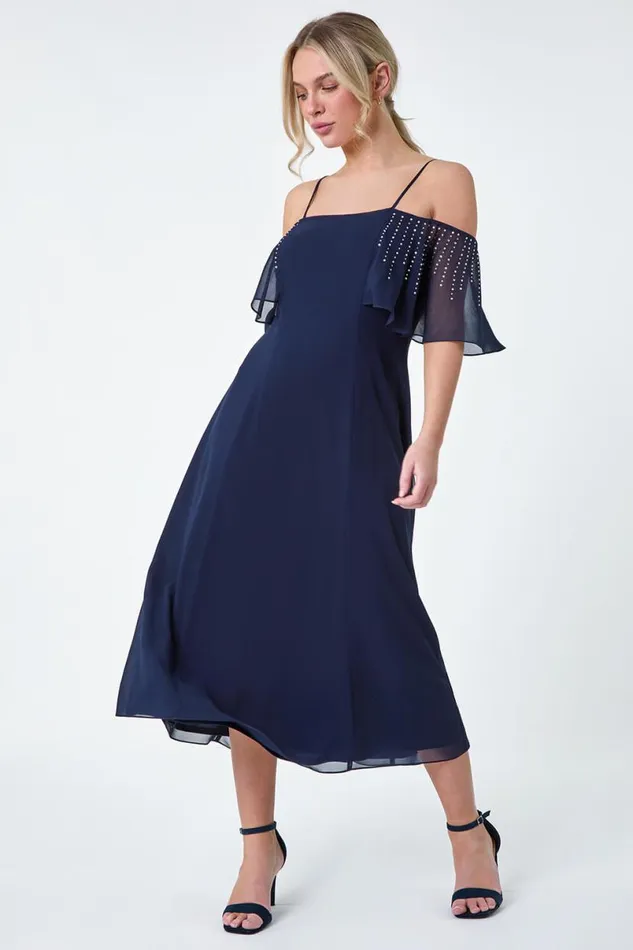 Navy Petite Sparkle Embellished Bardot Midi Dress Women Roman Dresses