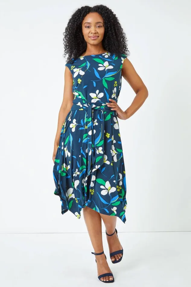 Navy Petite Tie Waist Floral Dress Women Roman Dresses