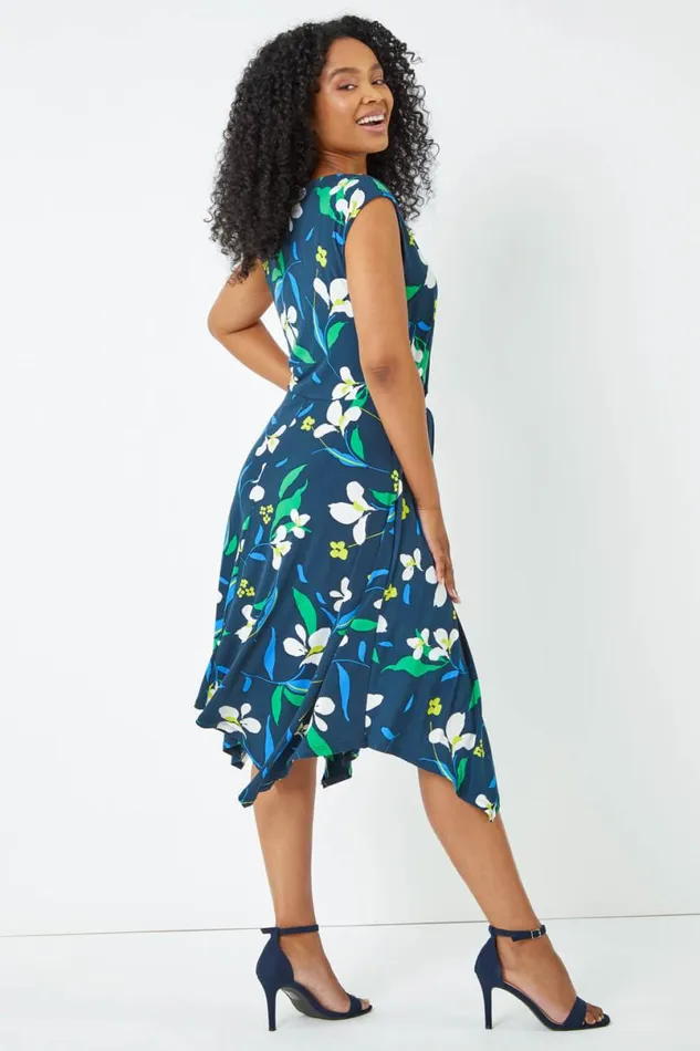 Navy Petite Tie Waist Floral Dress Women Roman Dresses