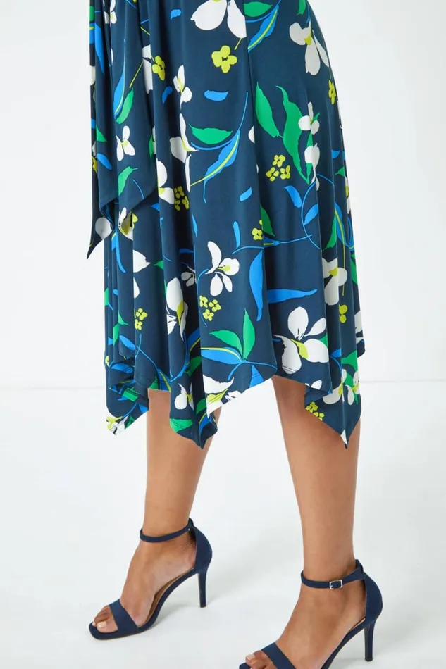 Navy Petite Tie Waist Floral Dress Women Roman Dresses
