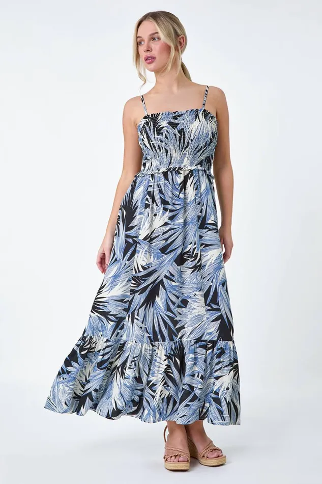 Navy Petite Tropical Print Shirred Maxi Dress Women Roman Dresses