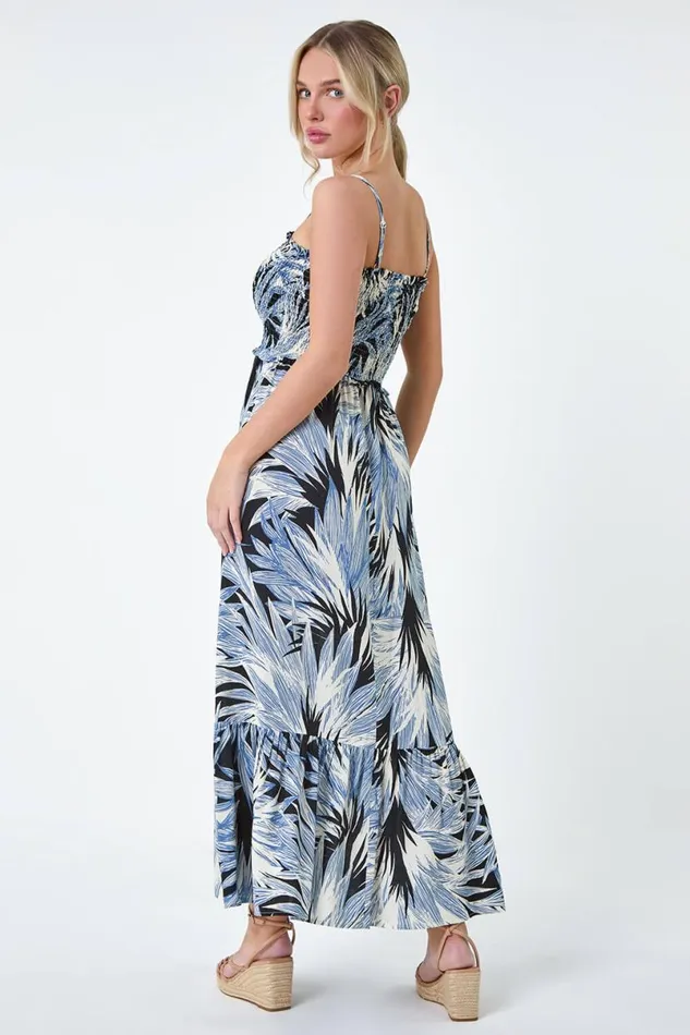 Navy Petite Tropical Print Shirred Maxi Dress Women Roman Dresses