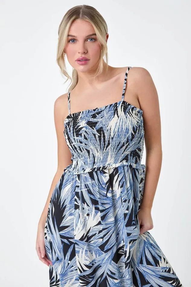 Navy Petite Tropical Print Shirred Maxi Dress Women Roman Dresses