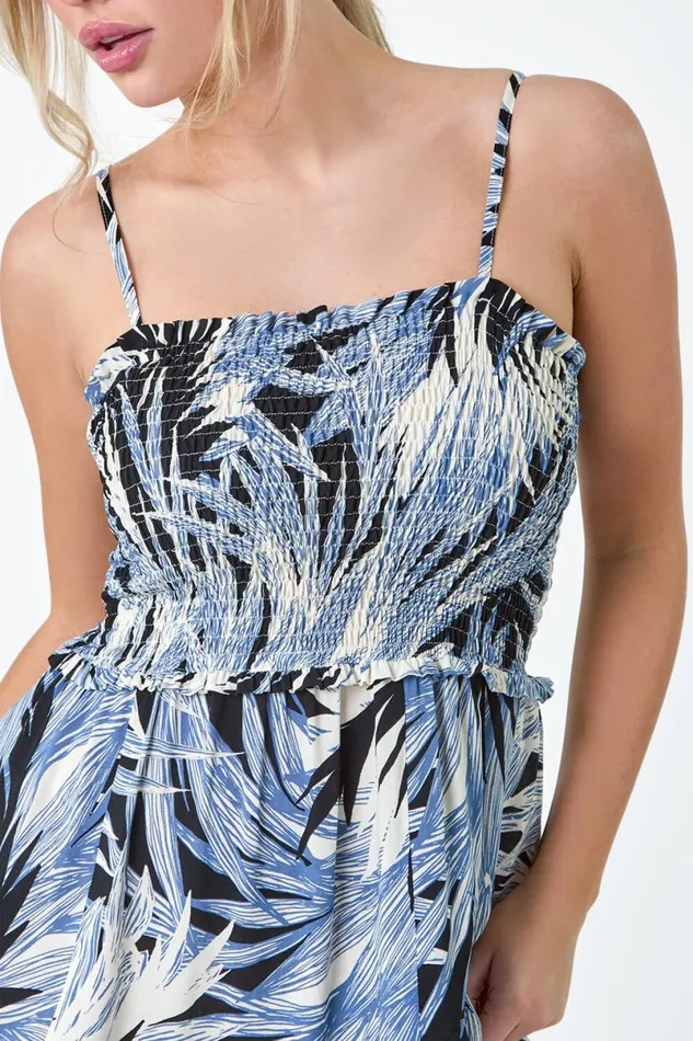 Navy Petite Tropical Print Shirred Maxi Dress Women Roman Dresses